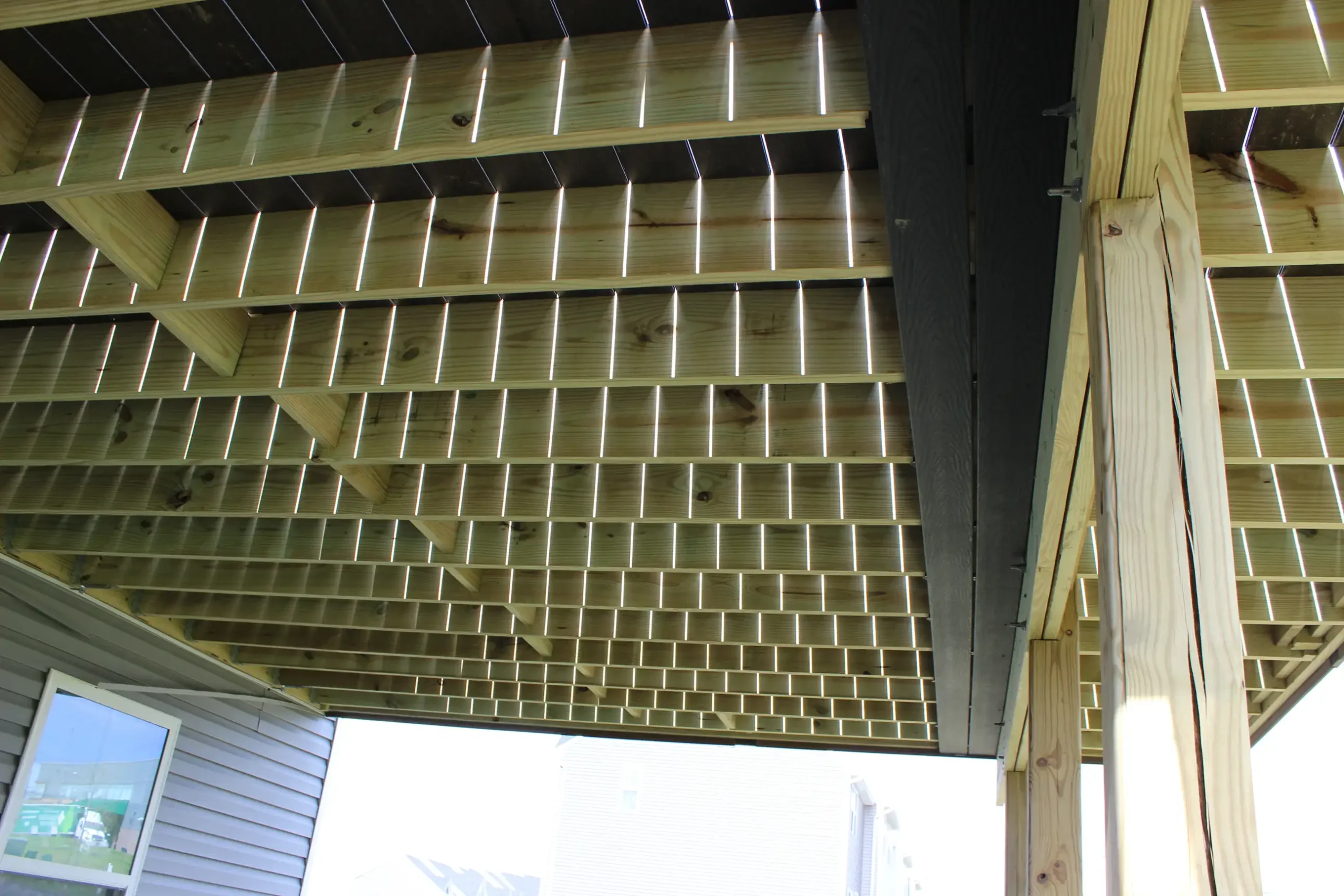 Photo of a deck taken from below