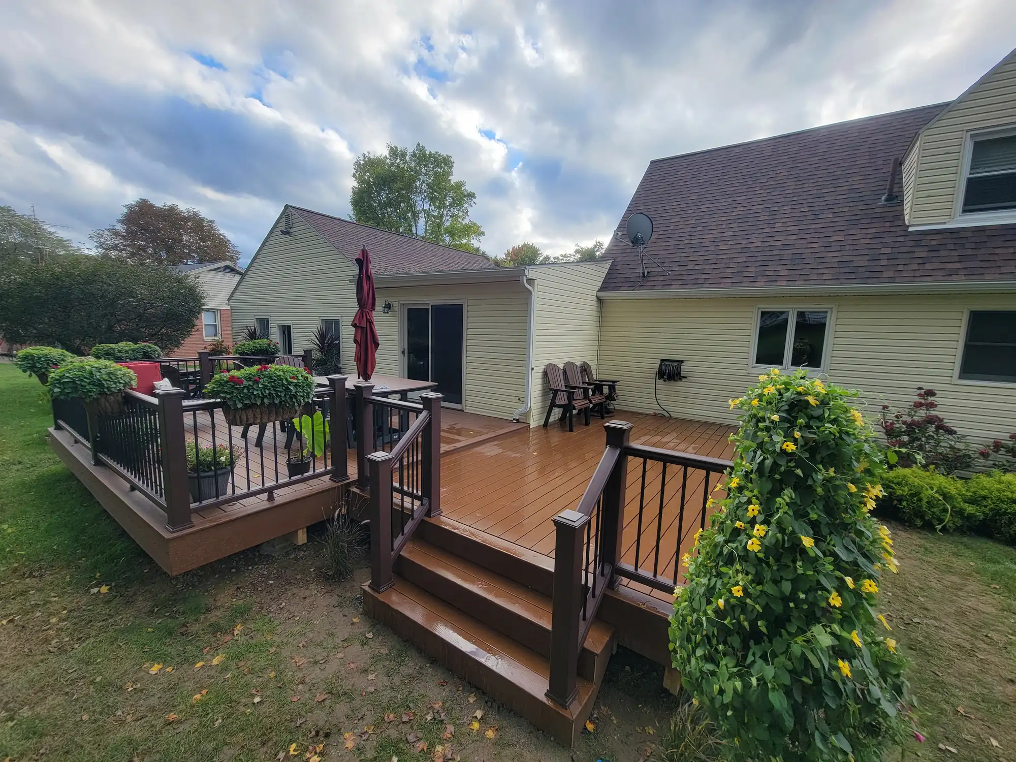 Photo of the entrance to a deck; this is a step leading to the deck