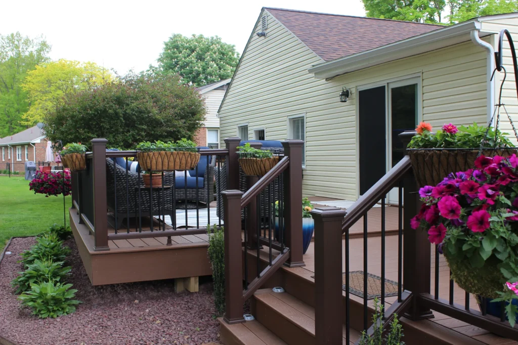 Photo of the entrance to a deck; this is a step leading to the deck
