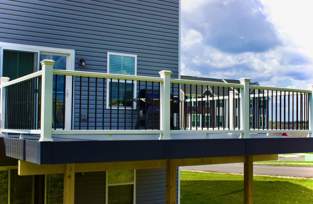 Photo of a raised deck attached to the second floor of a house