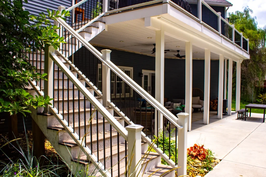 Photo of a staircase leading to a raised deck